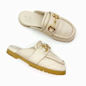 GUCCI Airel Cream Beige Leather Mule Size 38 Horsebit Slip On Loafer